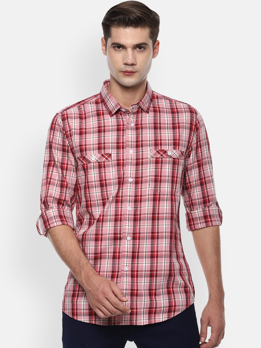 

Louis Philippe Jeans Men Pink & White Super Slim Fit Checked Casual Shirt