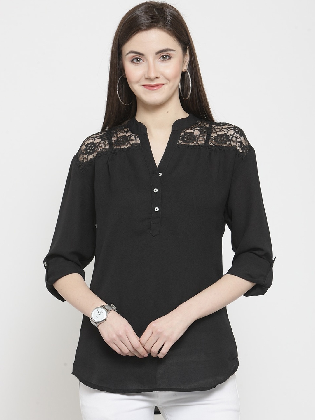 Purple State Black Mandarin Collar Roll-Up Sleeves Lace-Up Inserts Shirt Style Top