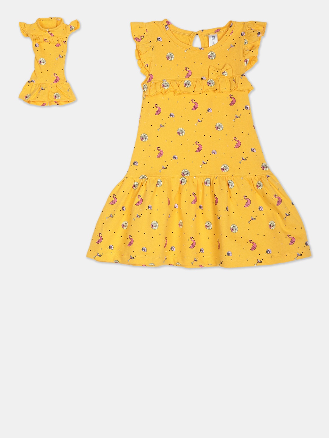 

Cherokee Girls Yellow Printed Drop-Waist Dress with Doll Dress