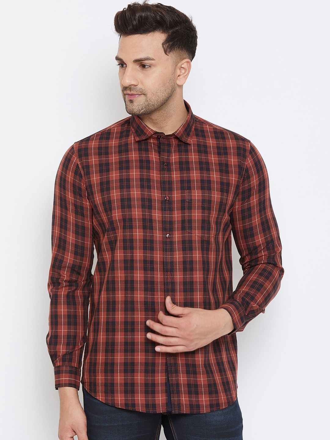 

Canary London Men Rust & Black Slim Fit Checked Casual Shirt