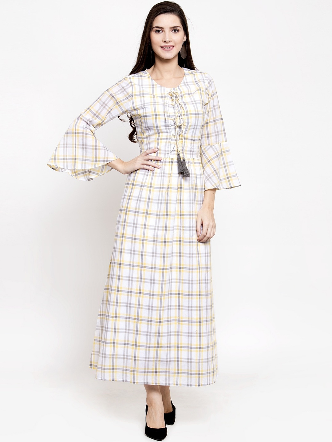 Purple State Women White Checked Maxi Dress
