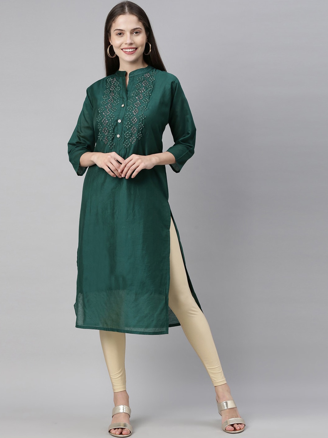 

Neerus Women Green & Silver Yoke Design Sequined Straight Kurta