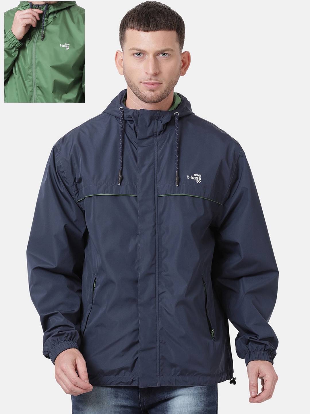 

t-base Men Blue & Green Solid Waterproof Reversible Rain Jacket