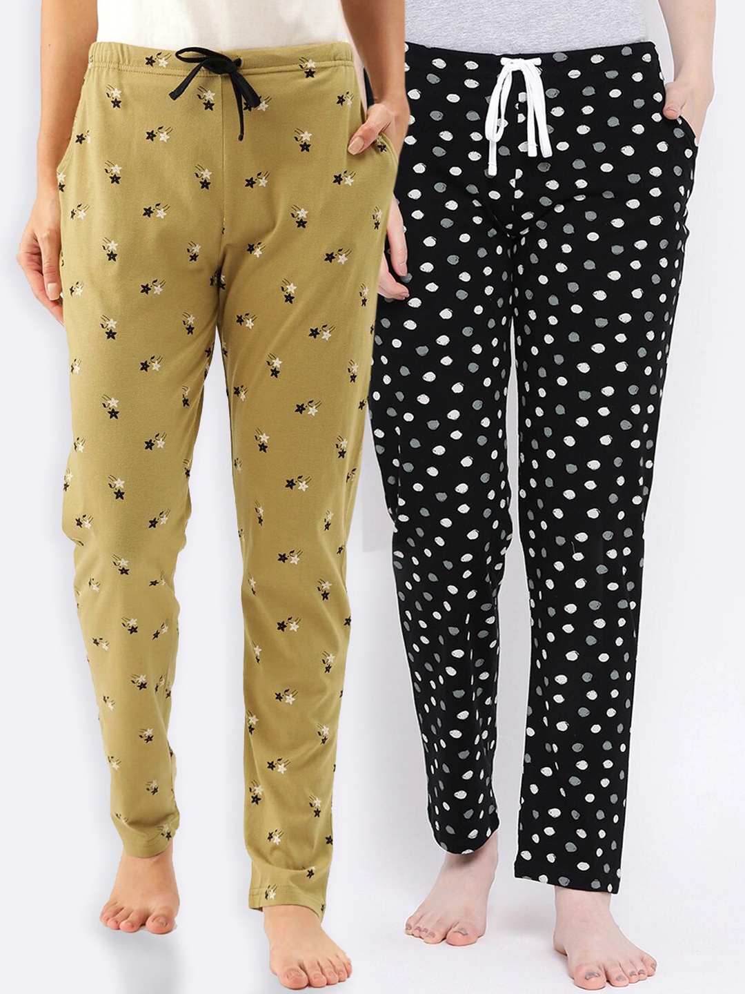 

Kanvin Women Pack of 2 Printed Pure Cotton Lounge Pants, Mustard