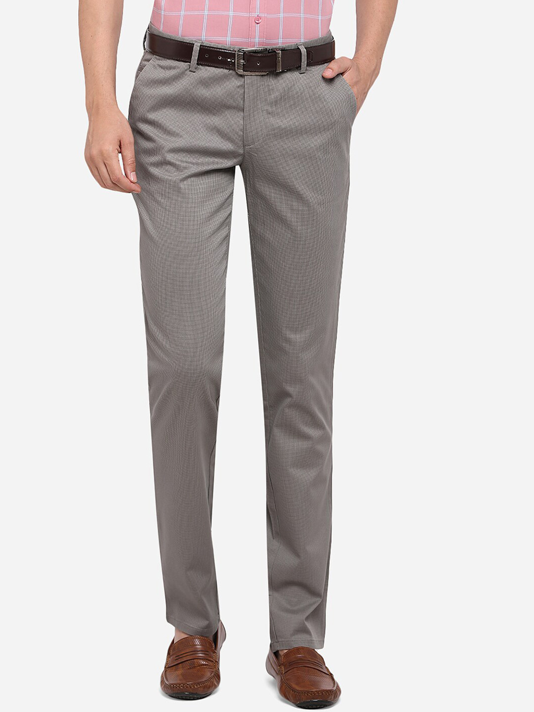 

JADE BLUE Men Grey Self Design Cotton Slim Fit Formal Trousers