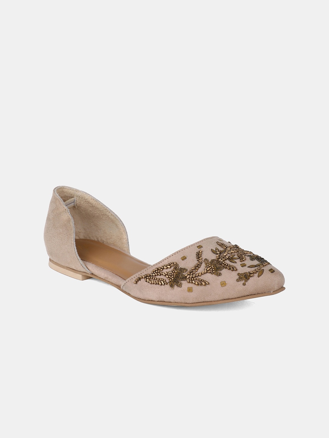 W The Folksong Collection Women Beige Embellished Suede Ballerinas