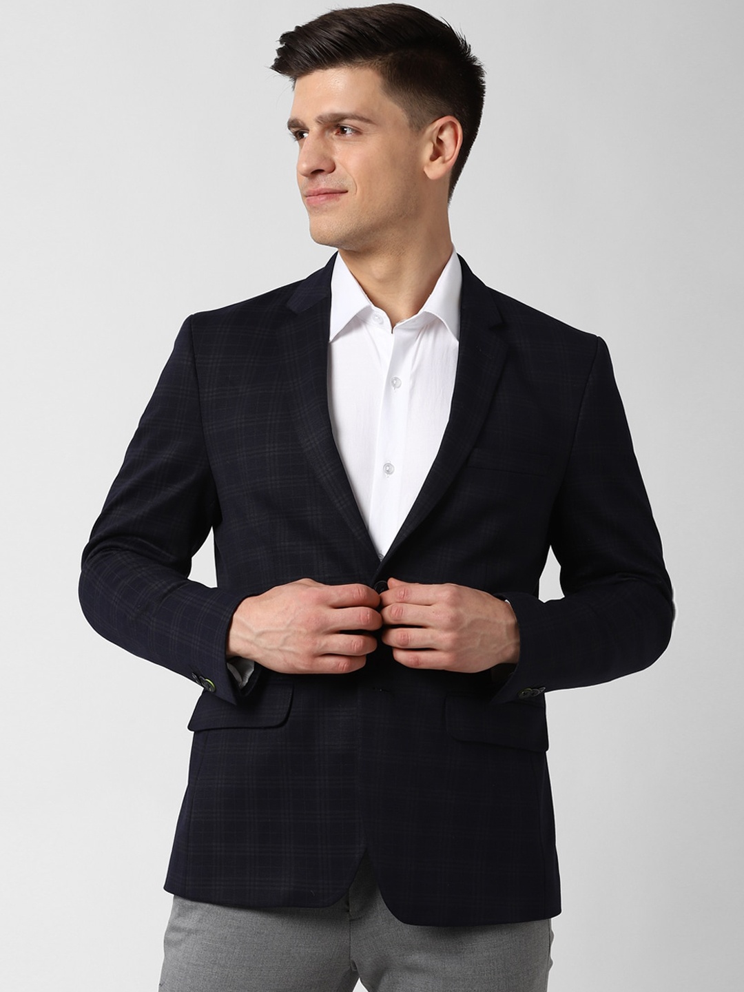 

Peter England Elite Men Navy Blue Checked Slim-Fit Single-Breasted Formal Blazer