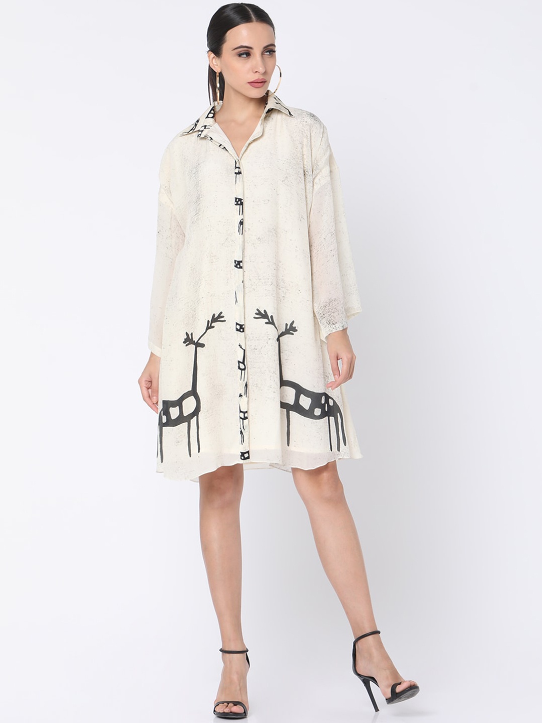

Masaba Women Off-White & Charcoal Grey Deer in the Dark Print Shirt Dress