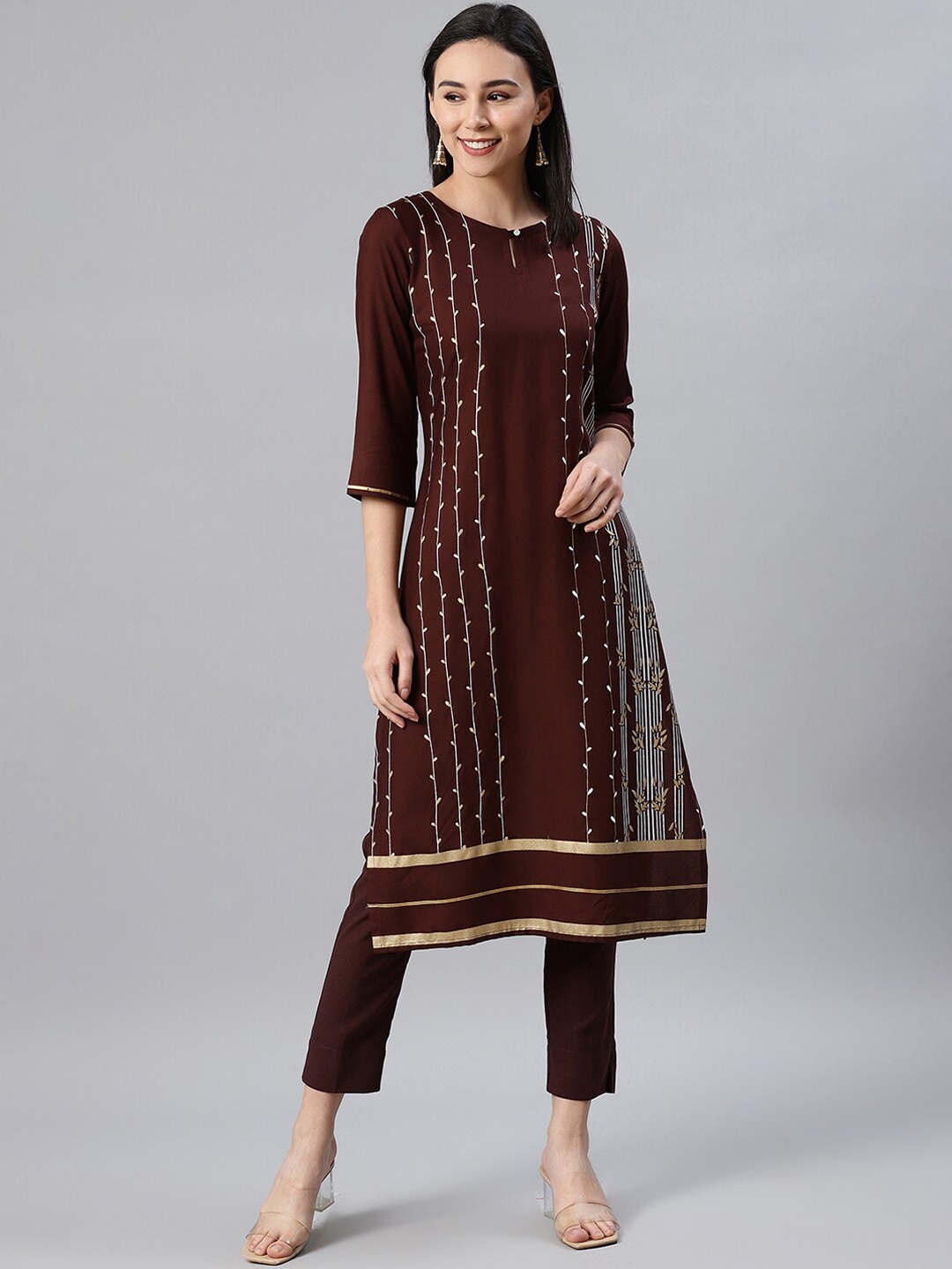 

ZIYAA Women Brown & White Striped Keyhole Neck Kurta