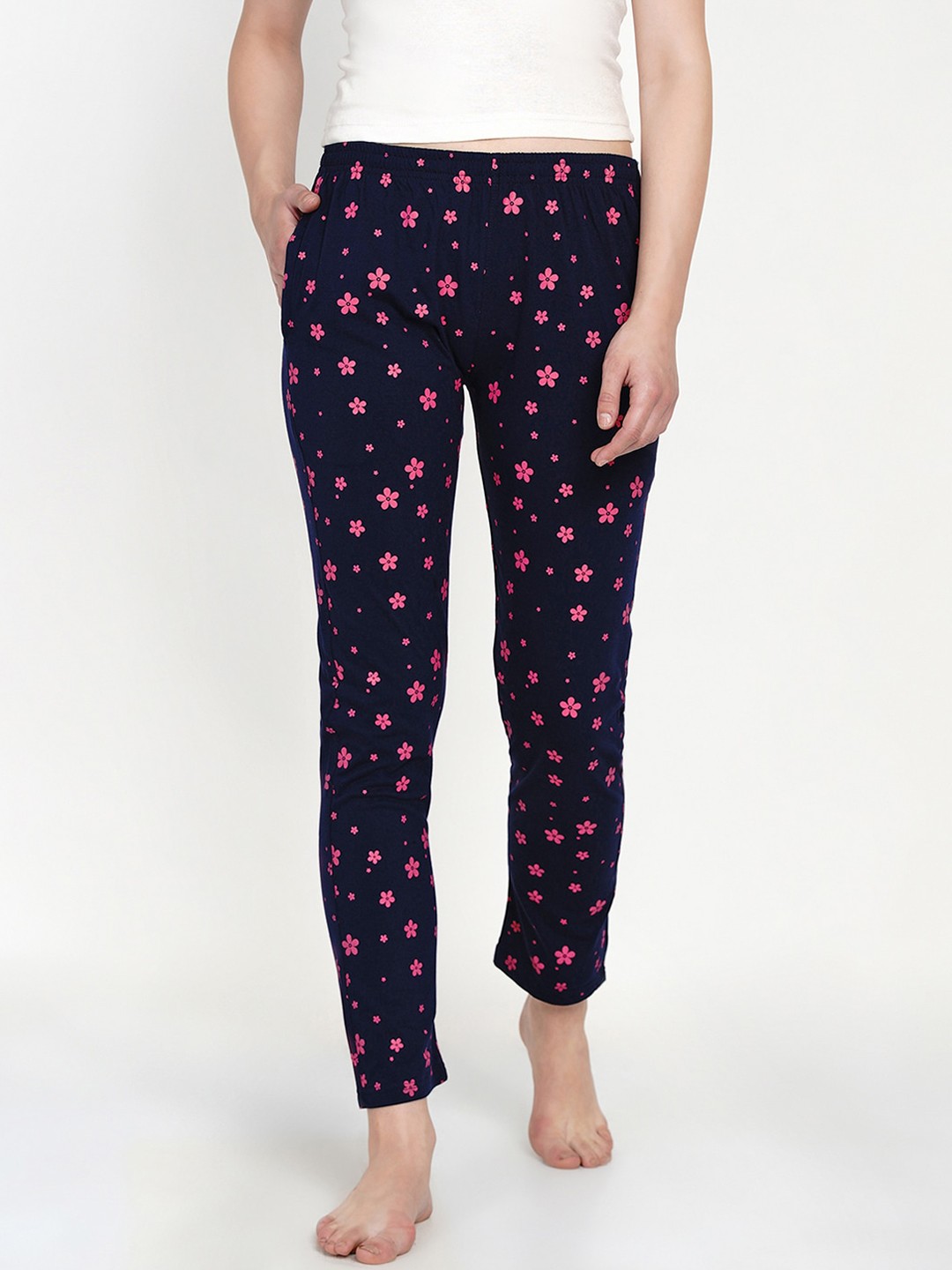 FABNEST Women Navy Blue & Pink Floral Printed Lounge Pants