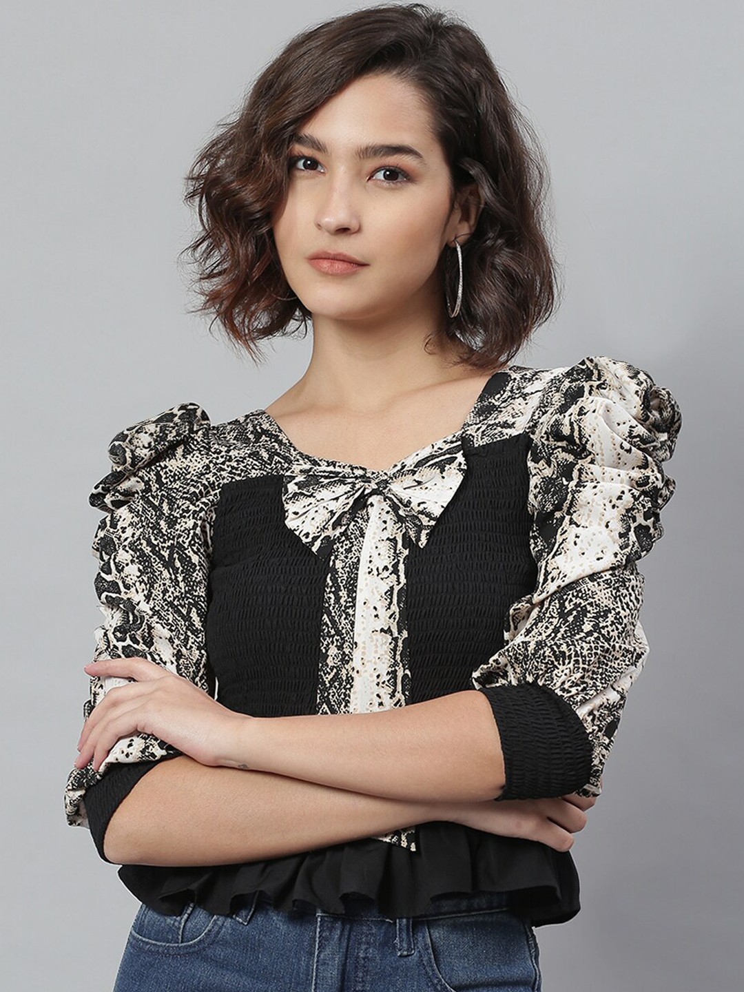 

KASSUALLY Black Animal Tie-Up Neck Crepe Regular Top