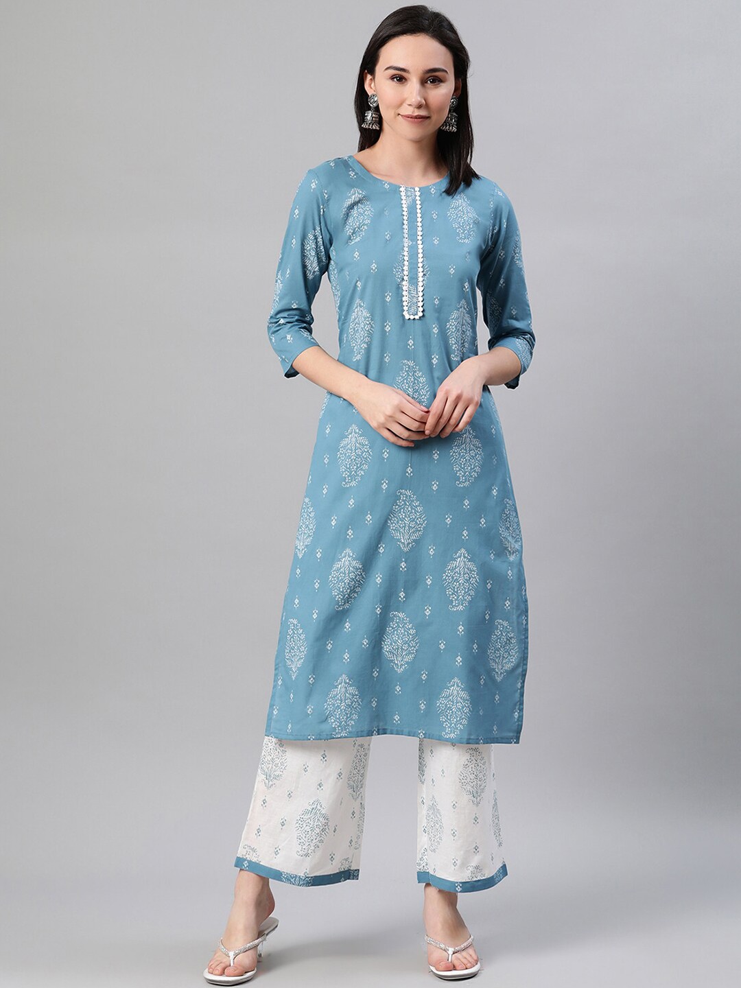 

ZIYAA Women Blue & White Ethnic Motifs Screen Print Cotton Kurta
