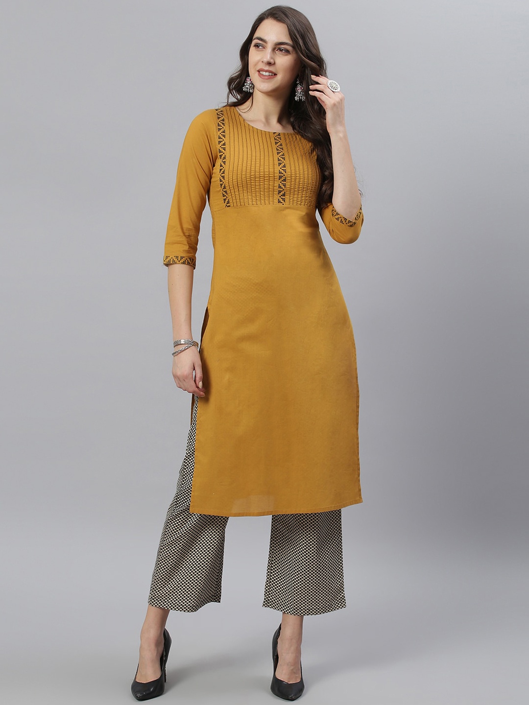 

Azira Women Mustard Yellow & Black Pure Cotton Striped Kurta with Printed Palazzos