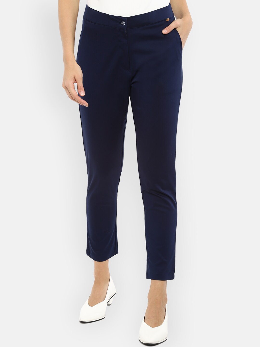 

Van Heusen Women Navy Blue Solid Crop Trousers