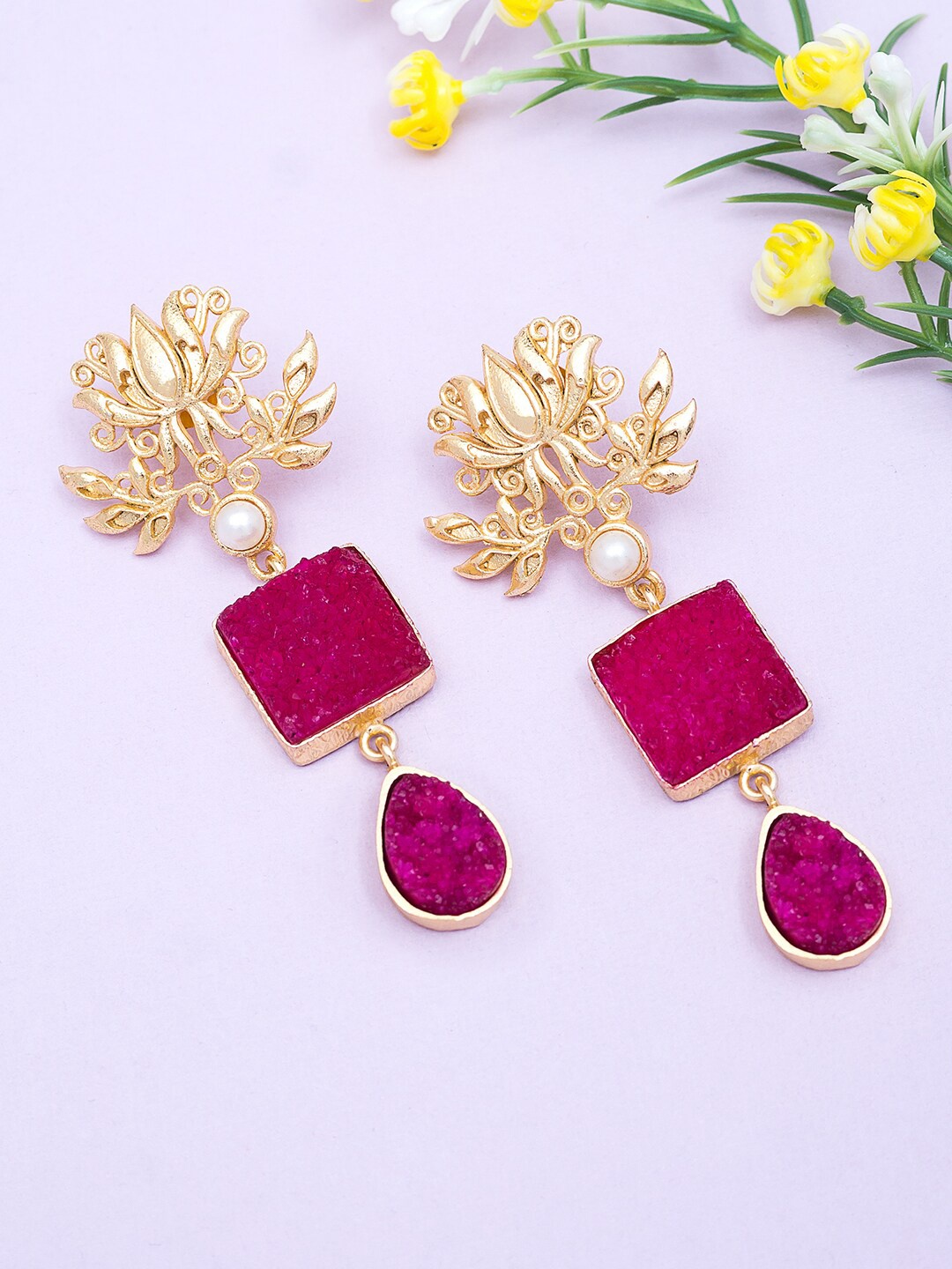 

Golden Peacock Gold-Toned & Pink Stone-Studded Beaded Contemporary Drop Earrings