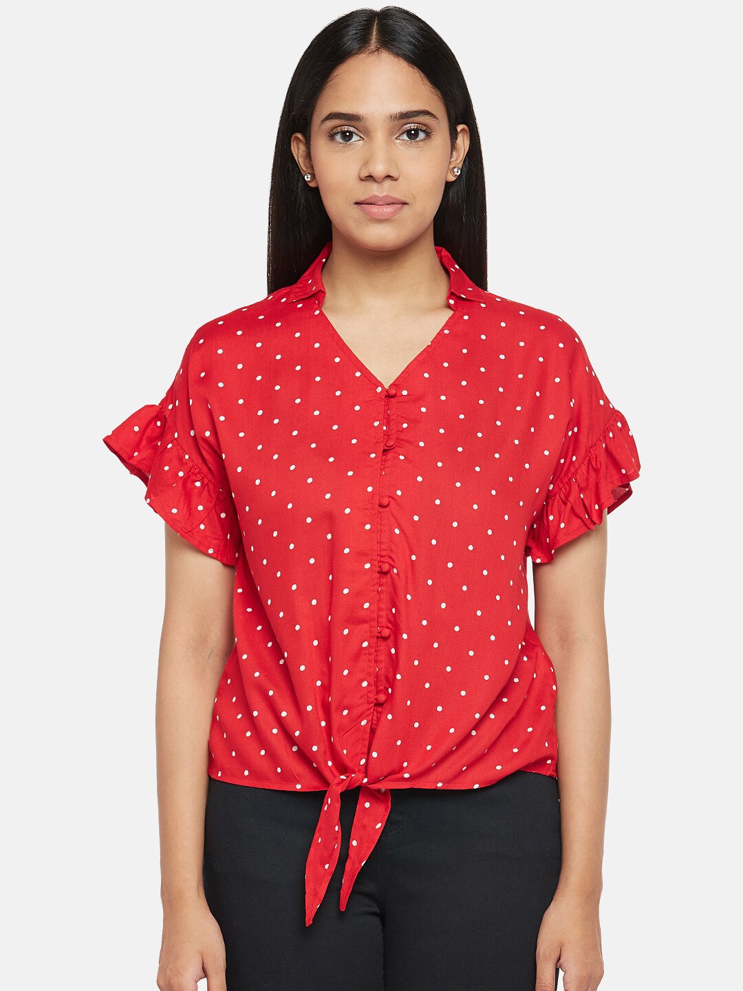 

People Women Red & White Polka Dot Print Cotton Shirt Style Top with Waist Tie-Ups