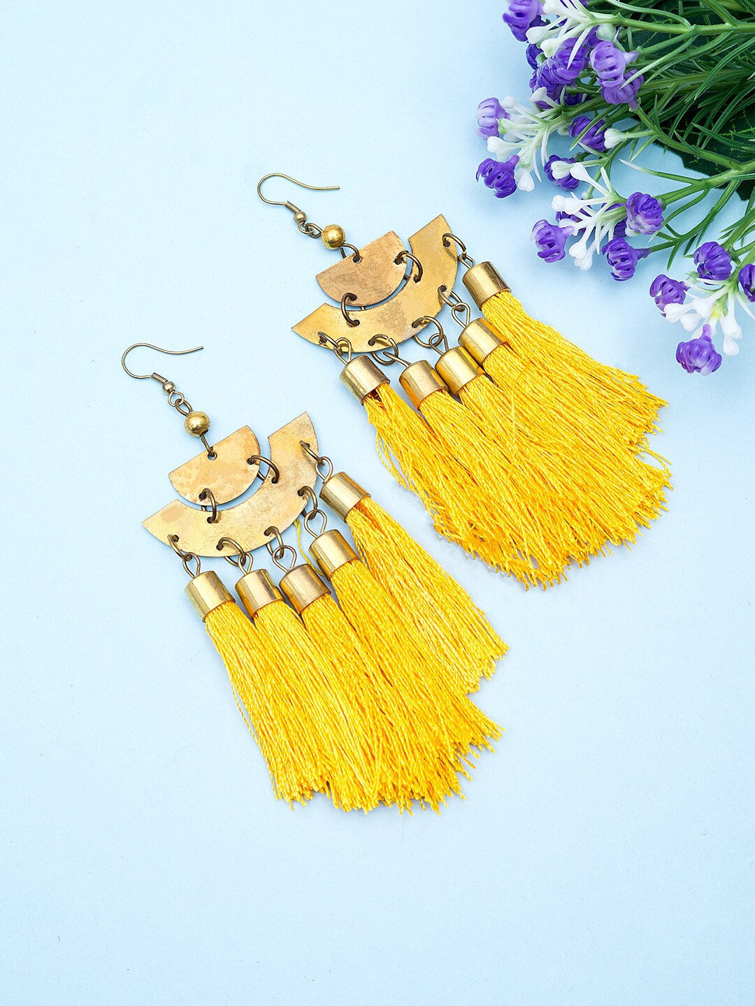 

Golden Peacock Yellow & Gold-Toned Contemporary Tasselled Drop Earrings