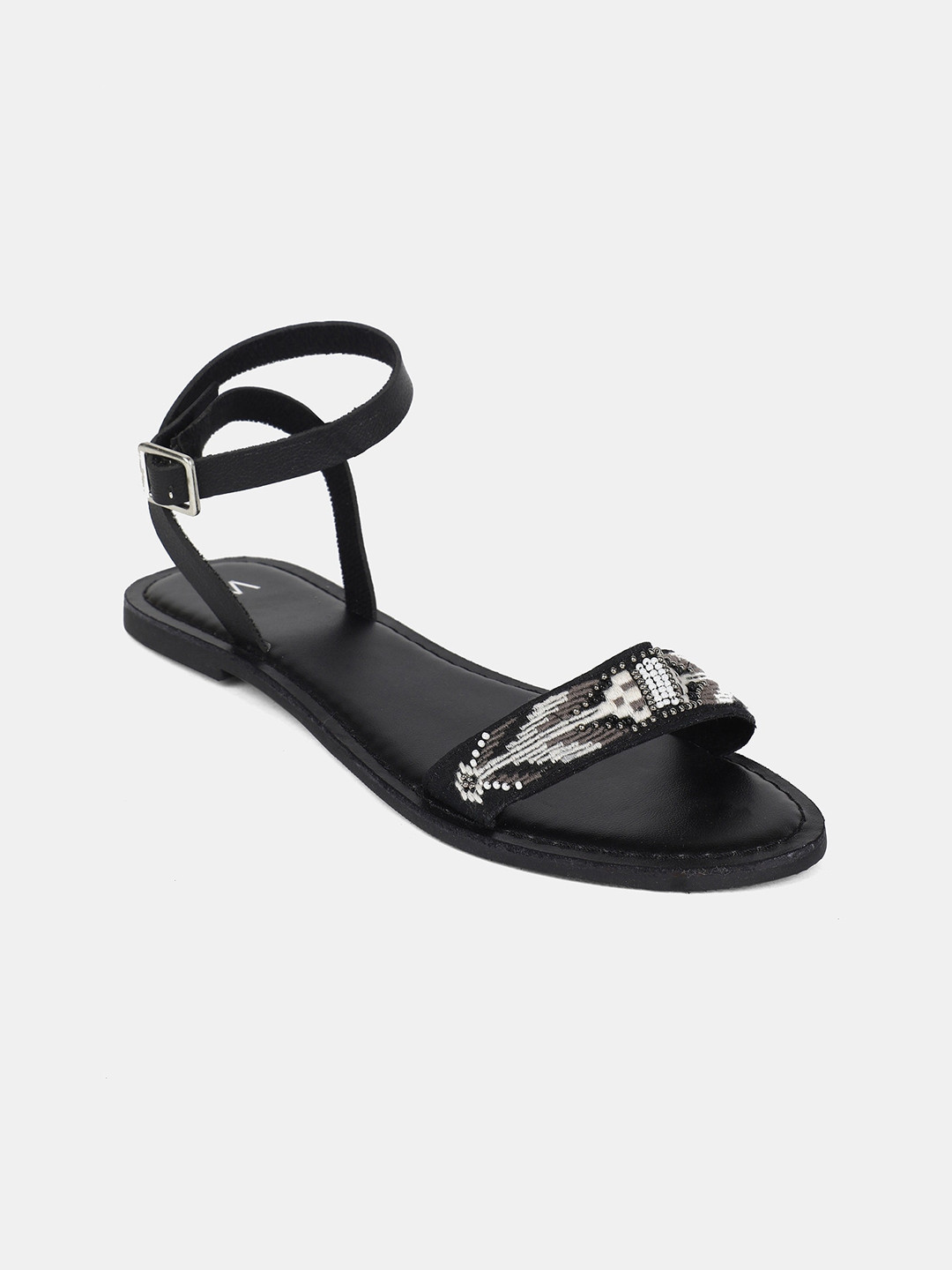 

W The Folksong Collection Women Black Embellished Fabric Open Toe Flats
