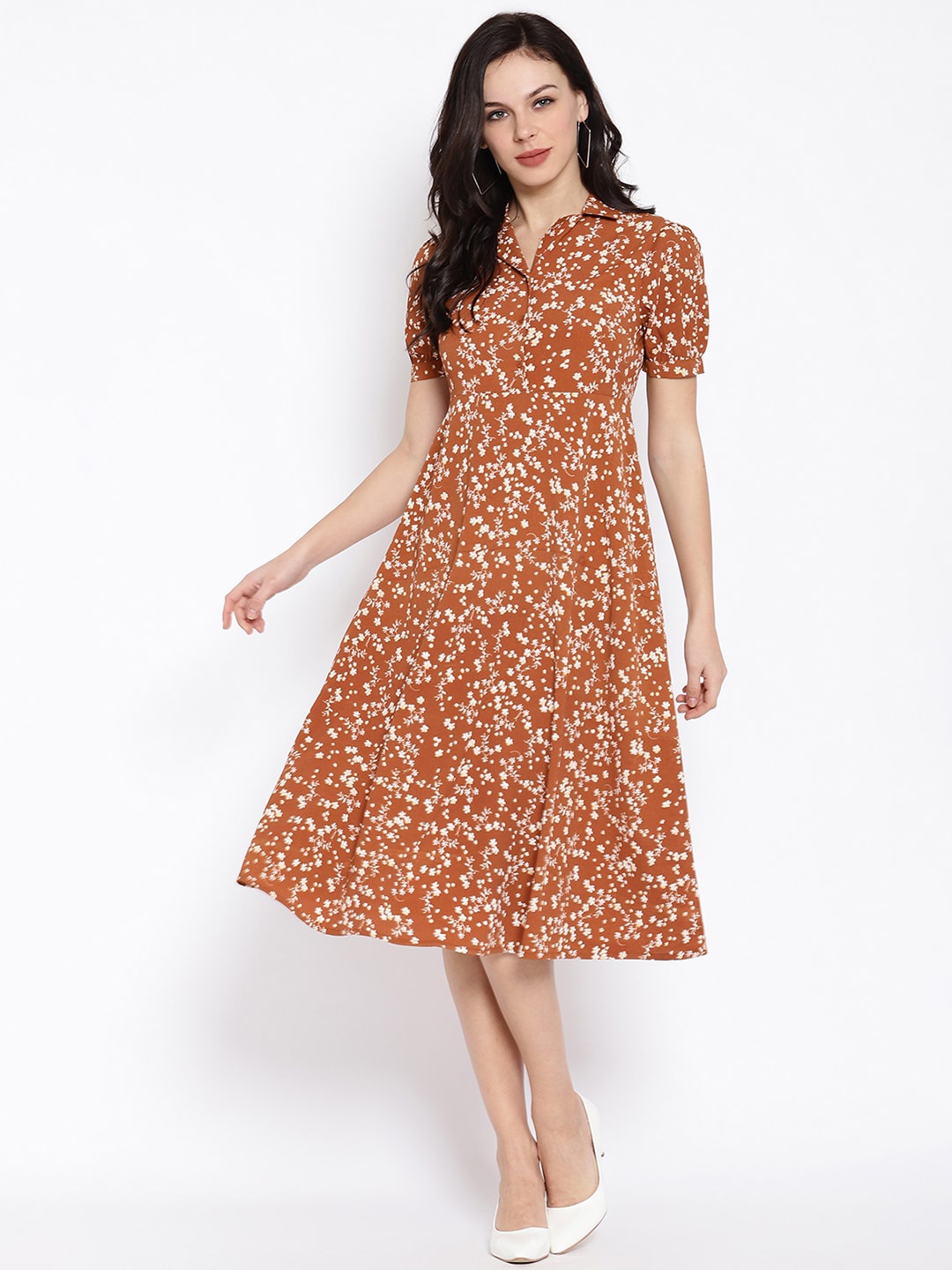 

HOUSE OF KKARMA Women Tan & Off-White Ditsy Floral Printed A-Line Dress