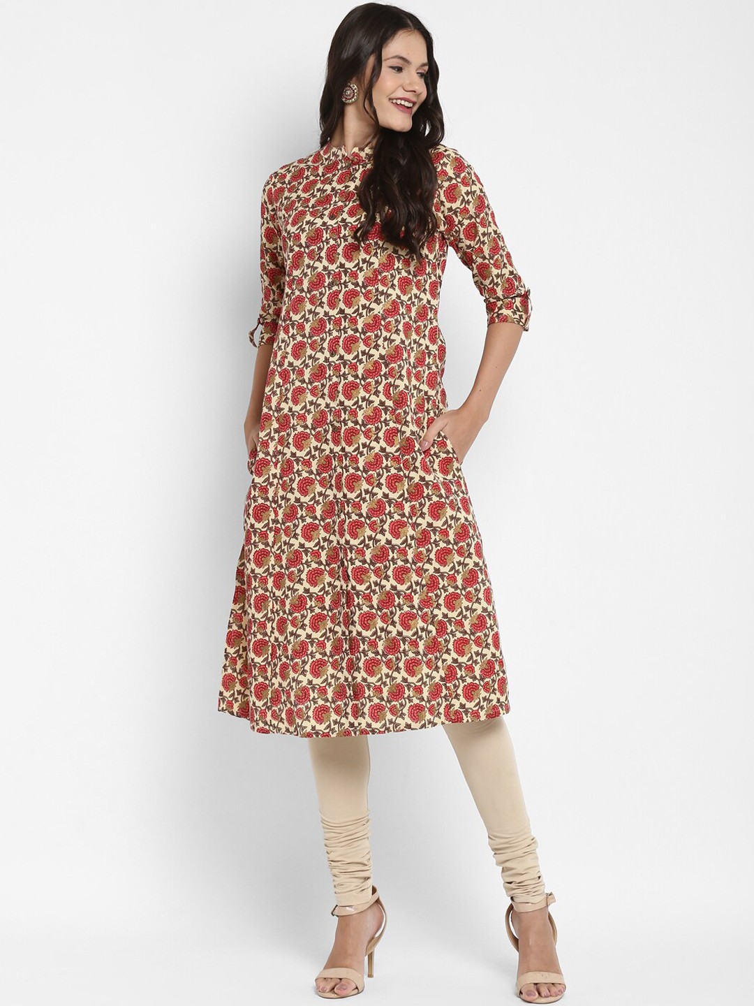 

Vbuyz Women Cream-Coloured & Red Floral Cotton Printed Kurta