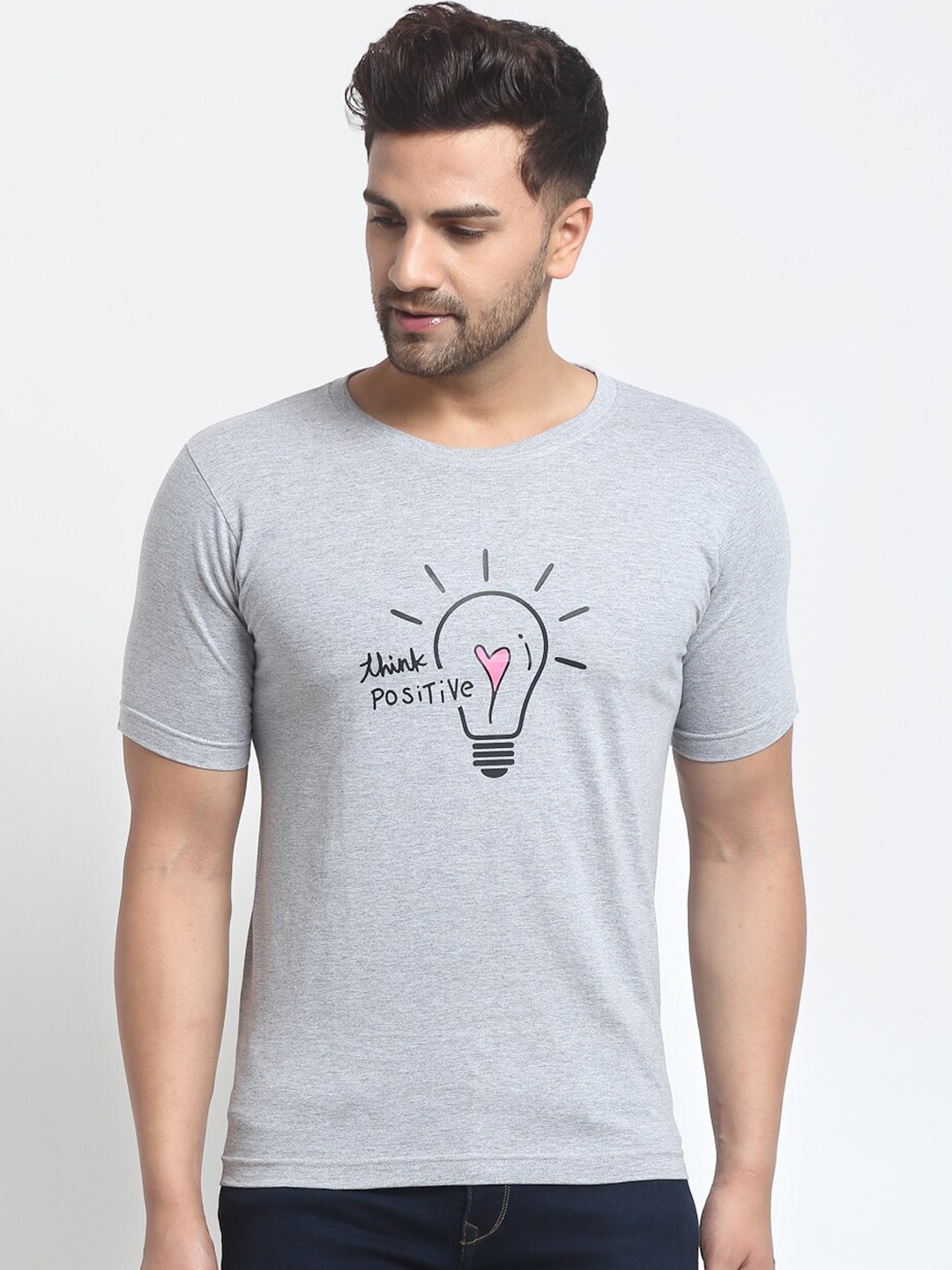 YOLOCLAN Men Grey Melange Printed Round Neck T-shirt