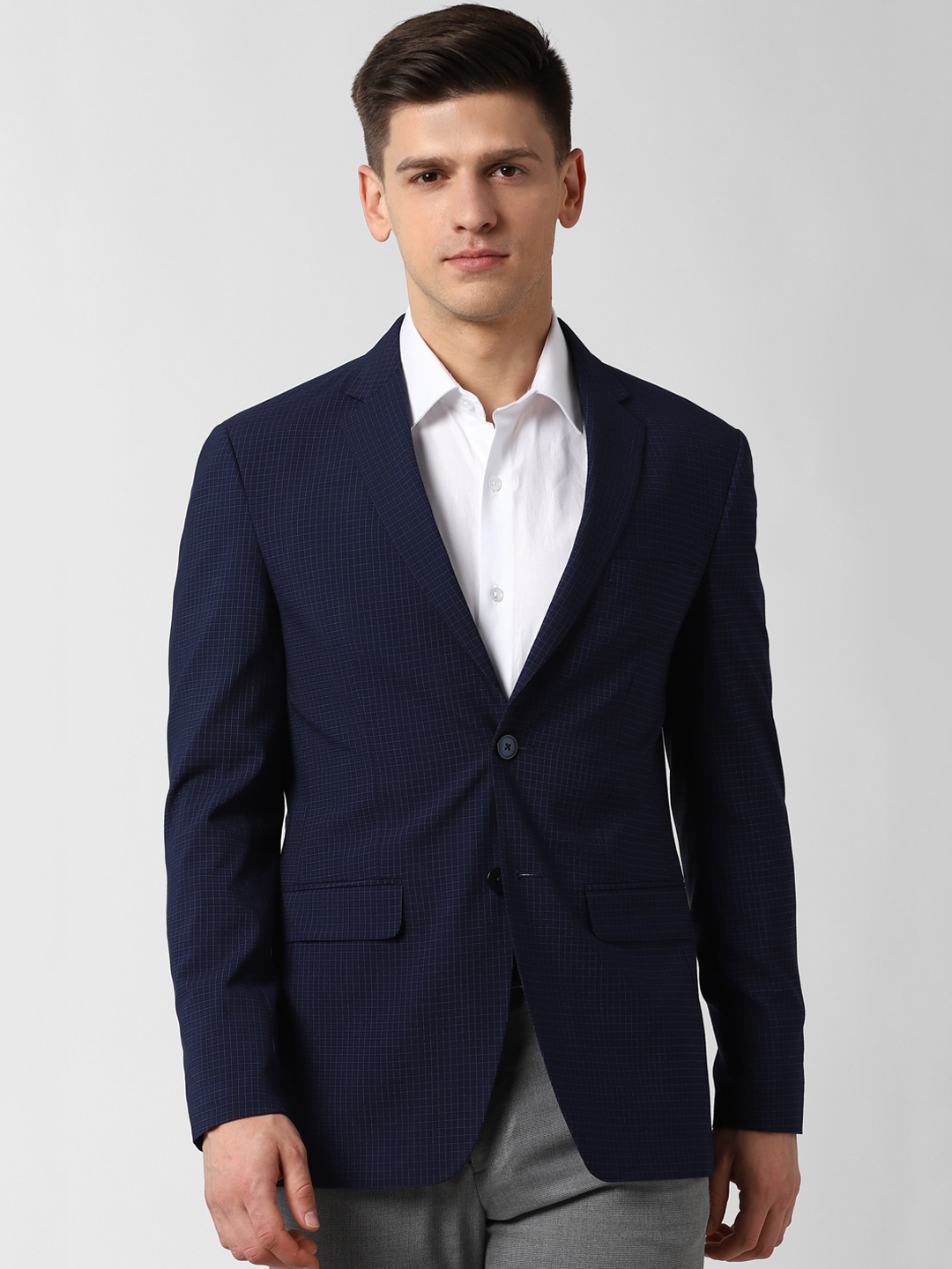 

Peter England Elite Men Navy Blue Checked Slim-Fit Single-Breasted Formal Blazer