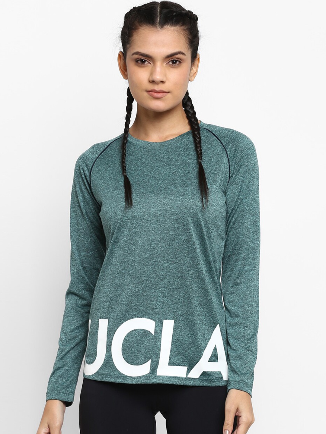 

UCLA Women Green & White Brand Logo Print Slim Fit T-shirt with Melange Effect