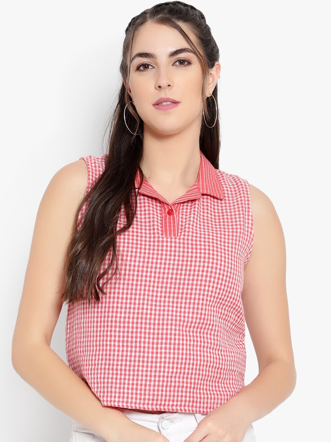 

Ayaany Women Red & White Pure Cotton Checked Polo Collar T-shirt