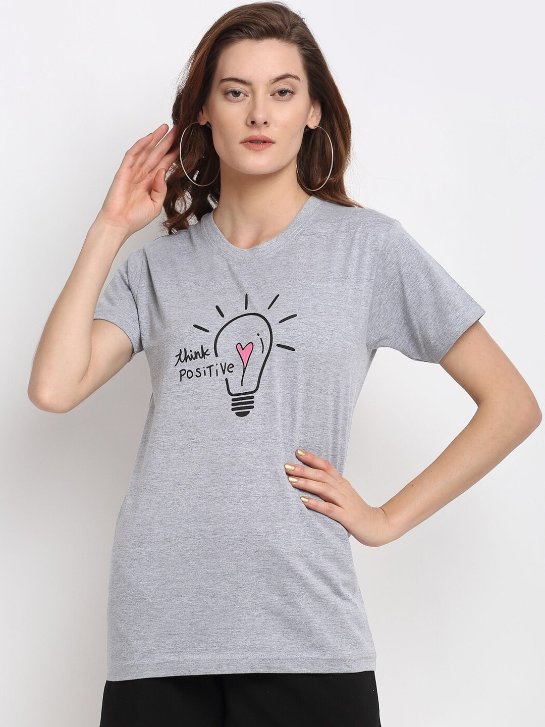 

YOLOCLAN Women Grey Melange Printed Round Neck T-shirt