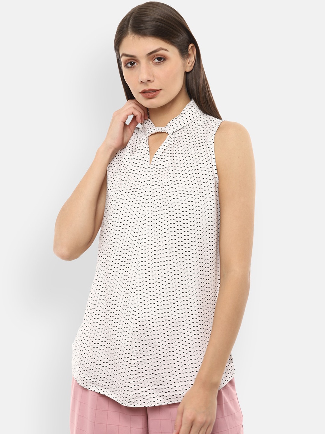 

Van Heusen Woman White & Black Geometric Printed Keyhole Neck Regular Top
