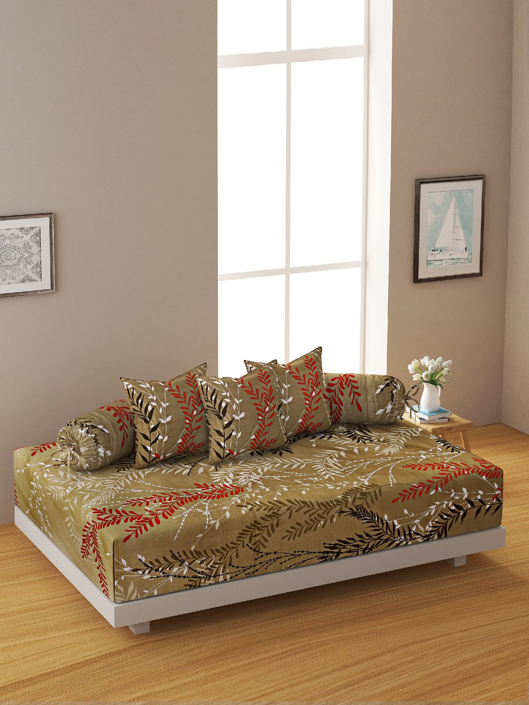 

SWAYAM Set Of 6 Beige & Red Floral Printed Pure Cotton Diwan Set