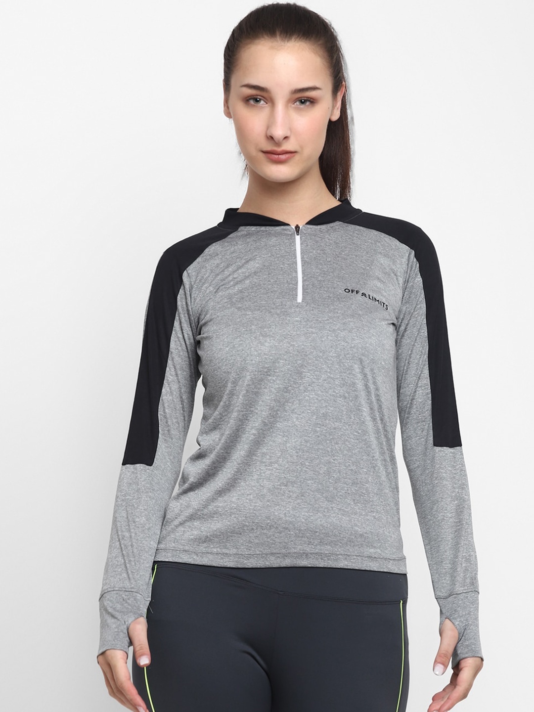 

OFF LIMITS Women Grey Melange Solid Mandarin Collar T-shirt