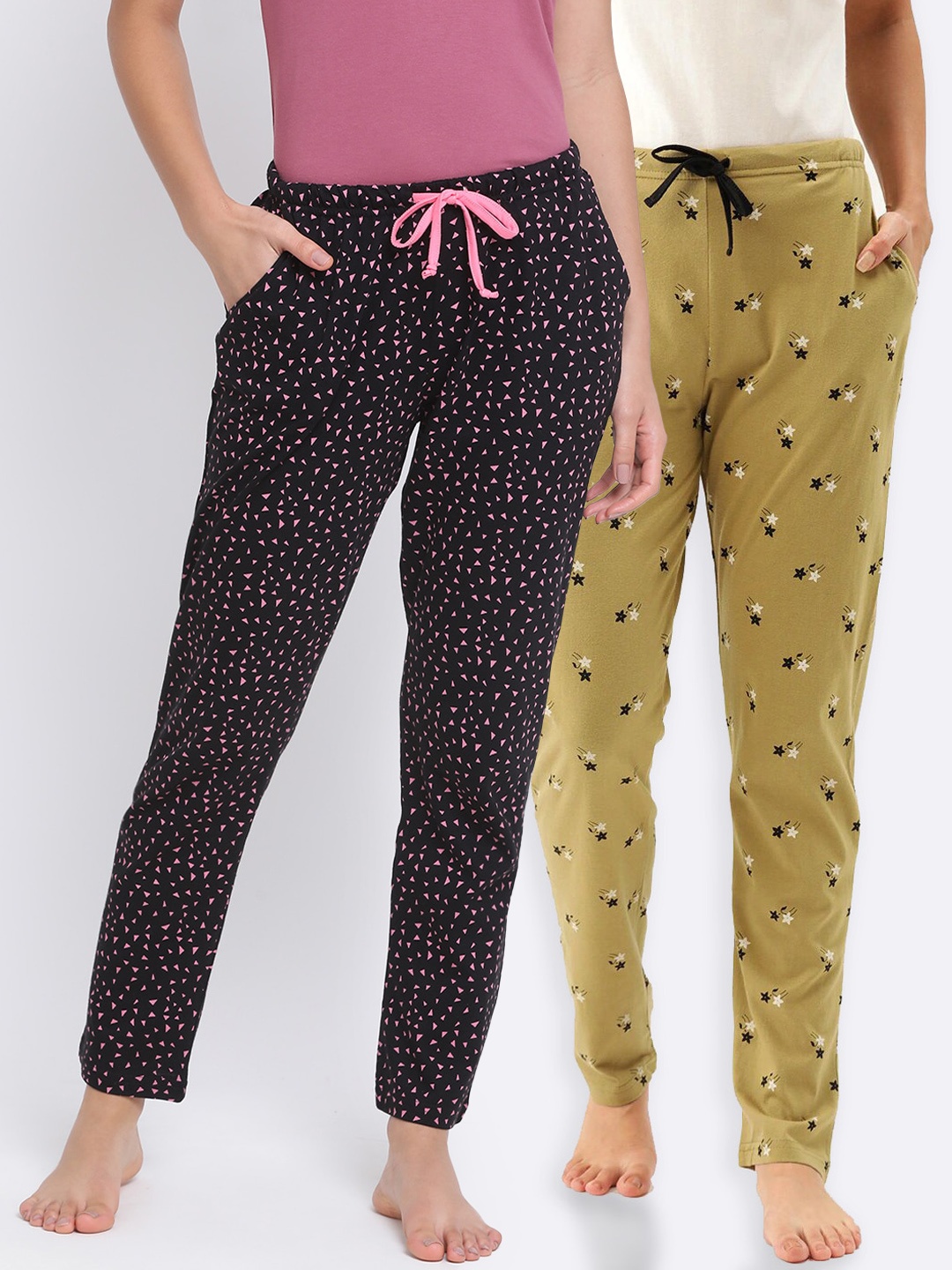 

Kanvin Women Pack of 2 Printed Pure Cotton Lounge Pants, Mustard
