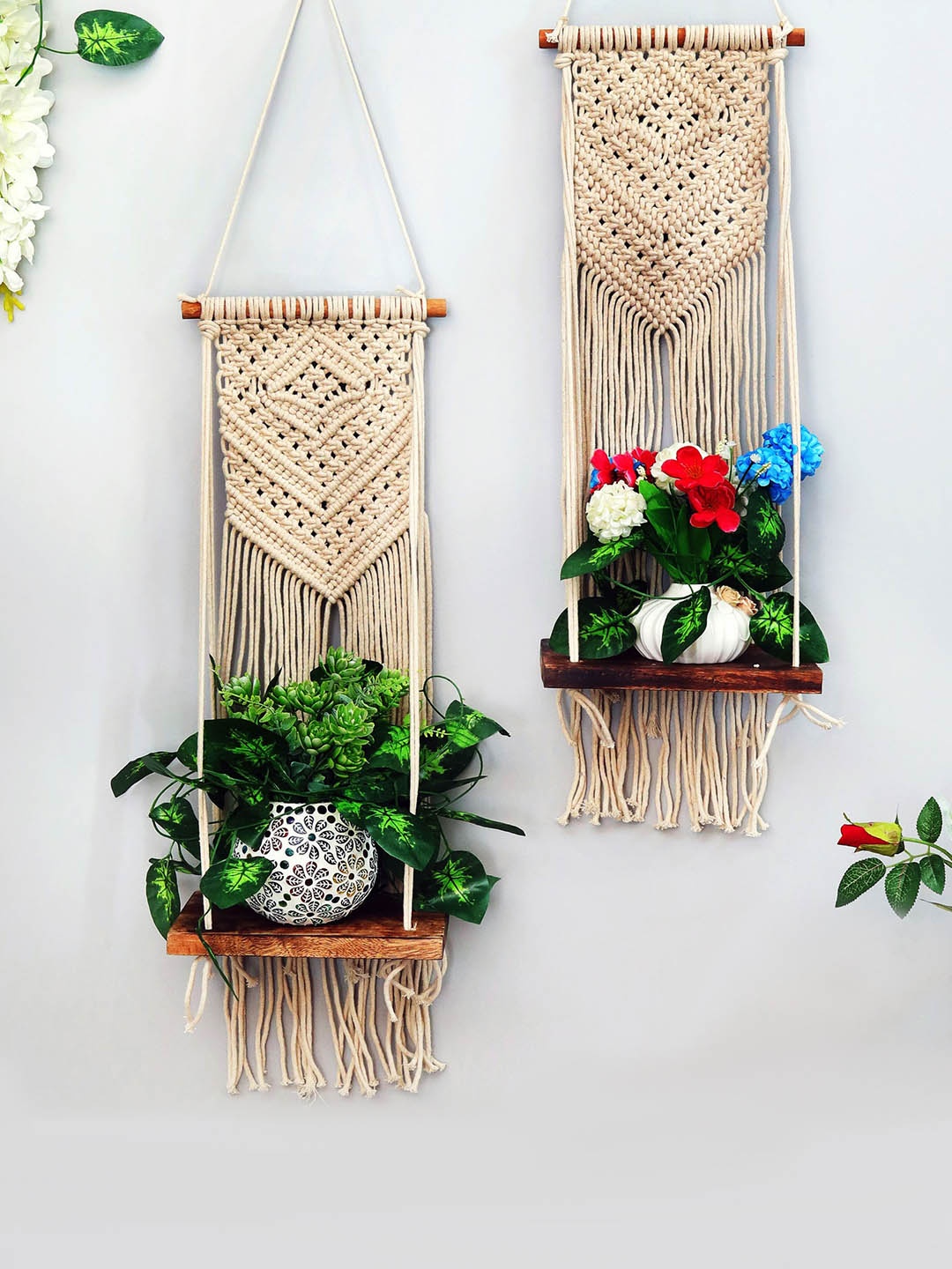 Homesake Set Of 2 Beige Woven Macrame Wall Hanging Floating Storage Shelves