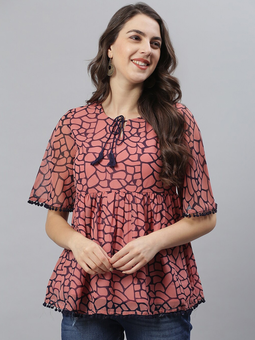 

Azira Peach-Coloured Tie-Up Neck Empire Top