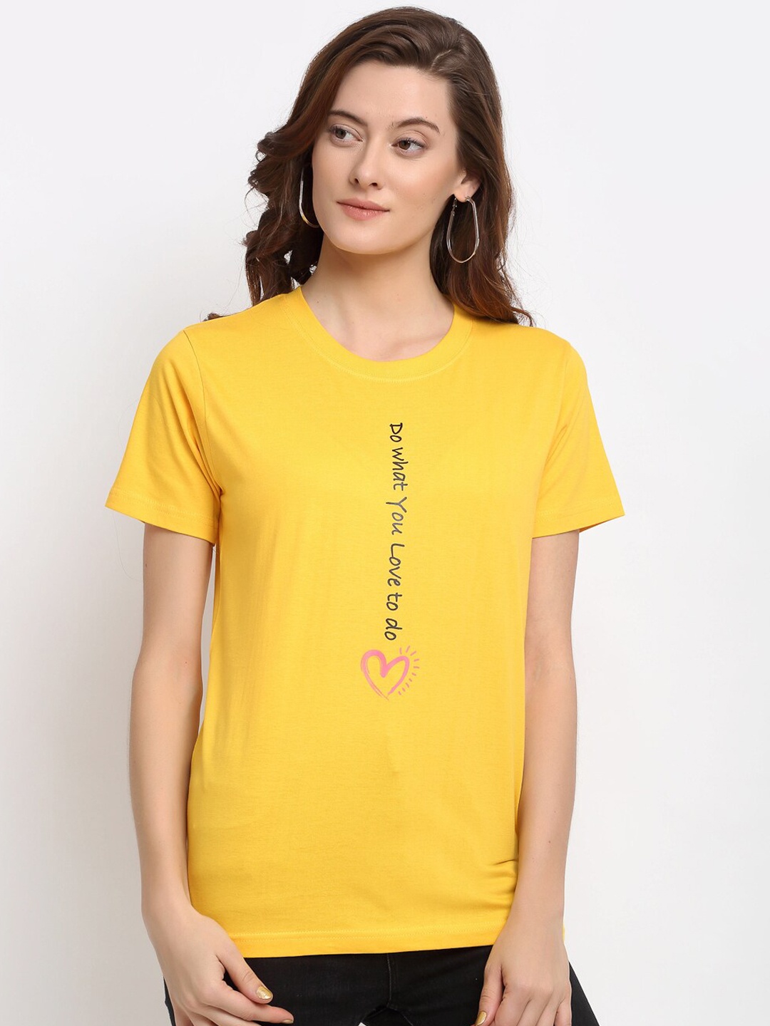 

YOLOCLAN Women Yellow Printed V-Neck T-shirt