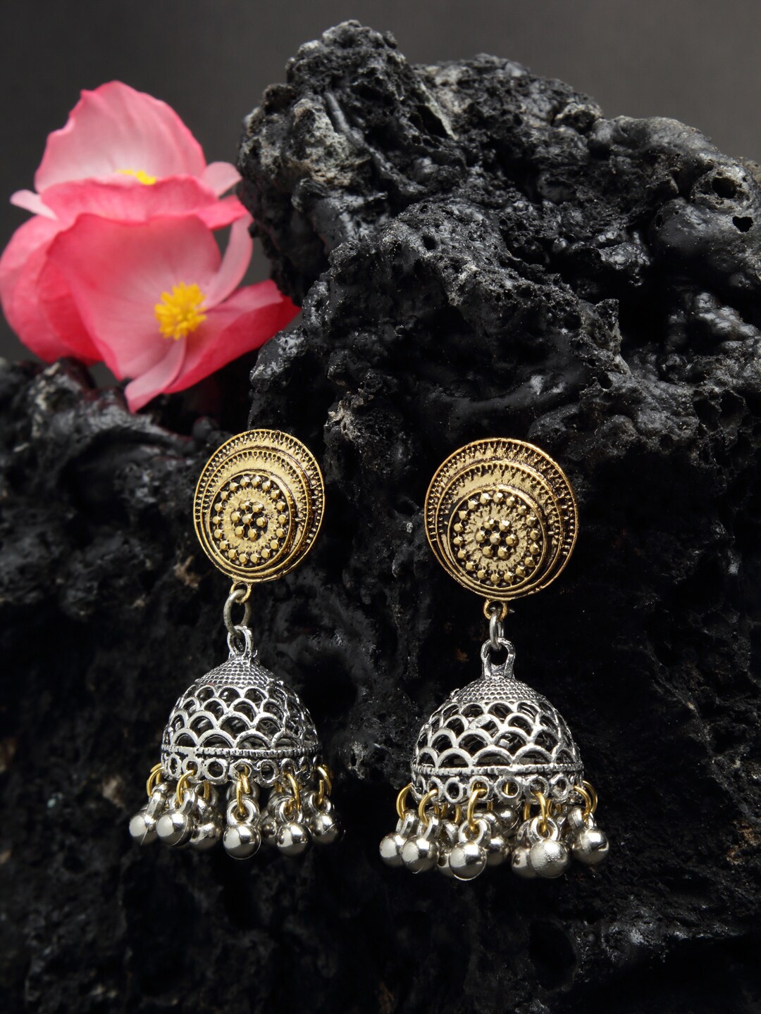 

NEUDIS Gold-Toned & Silver-Toned Oxidised Antique Dome Shaped Jhumkas
