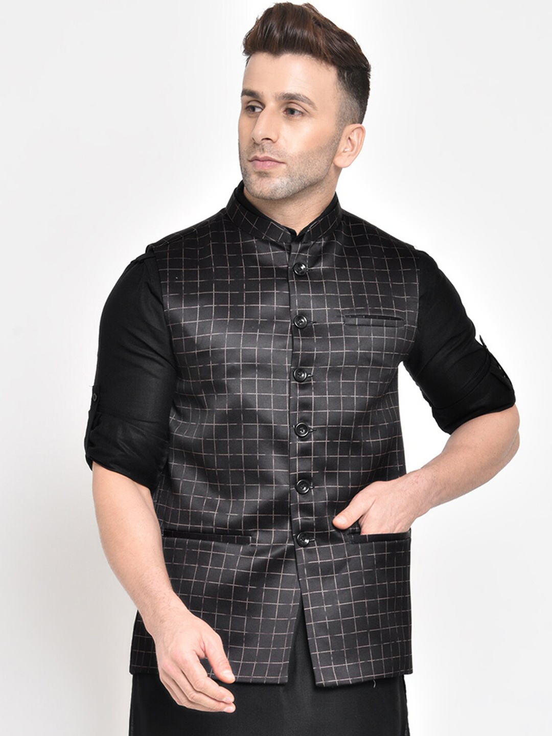 

Hangup Men Black & Off-White Checked Woven Nehru Jacket