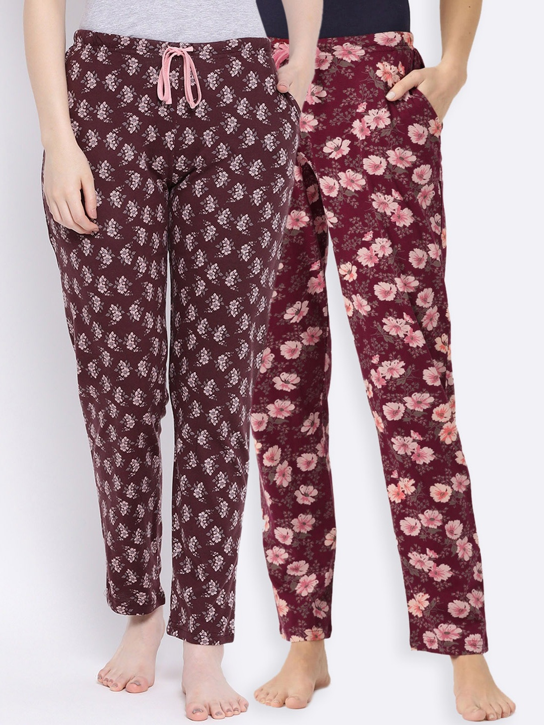 

Kanvin Women Pack of 2 Floral Print Pure Cotton Lounge Pants, Maroon