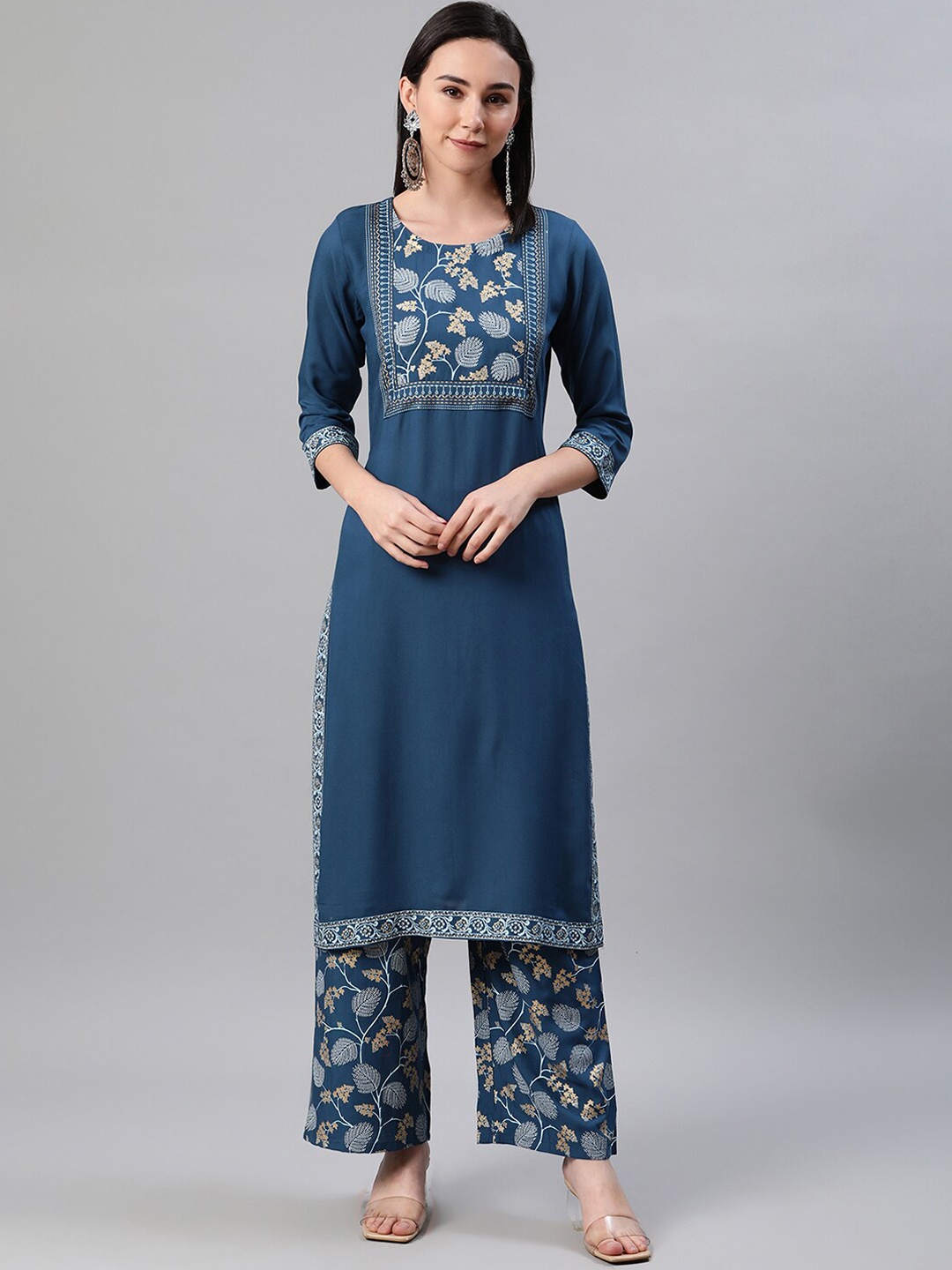 

ZIYAA Women Teal & Golden Floral Foil Print Kurta