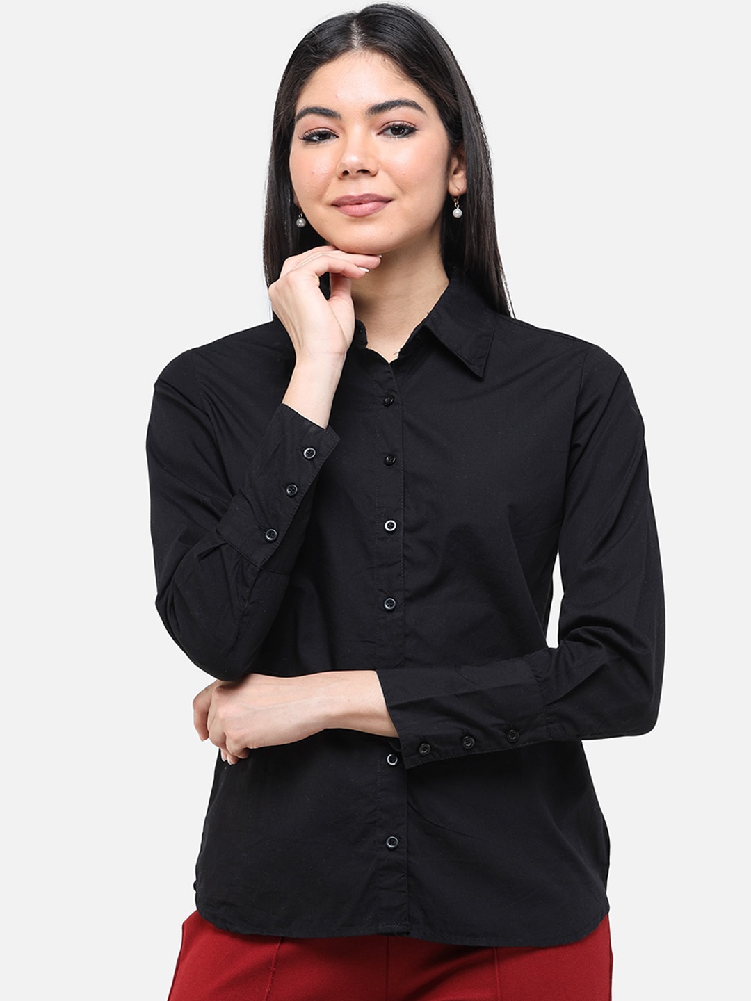 DECHEN Women Black Regular Fit Solid Casual Shirt