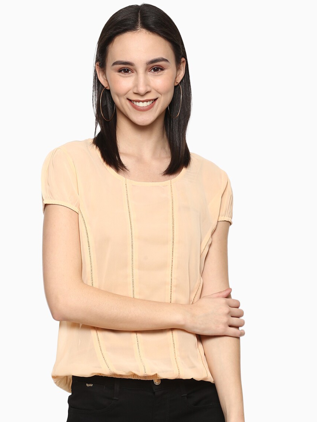 

Porsorte Beige Solid Puff Sleeves Blouson Top