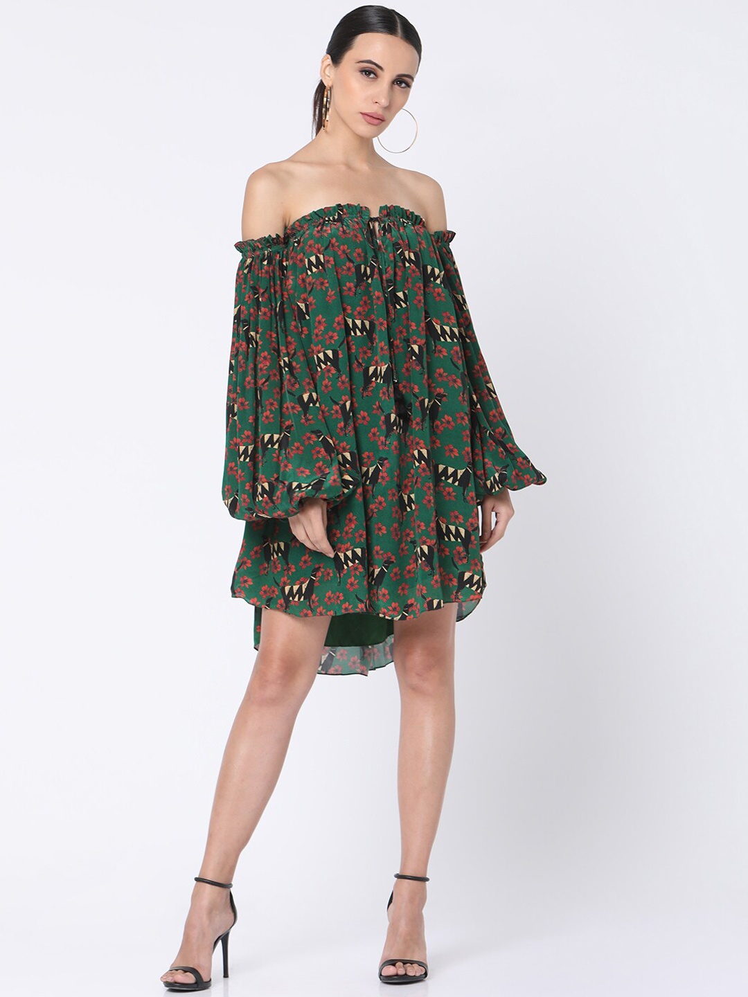 Masaba Women Green & Orange Floral Print Checkered Dog Off-Shoulder A-Line Dress