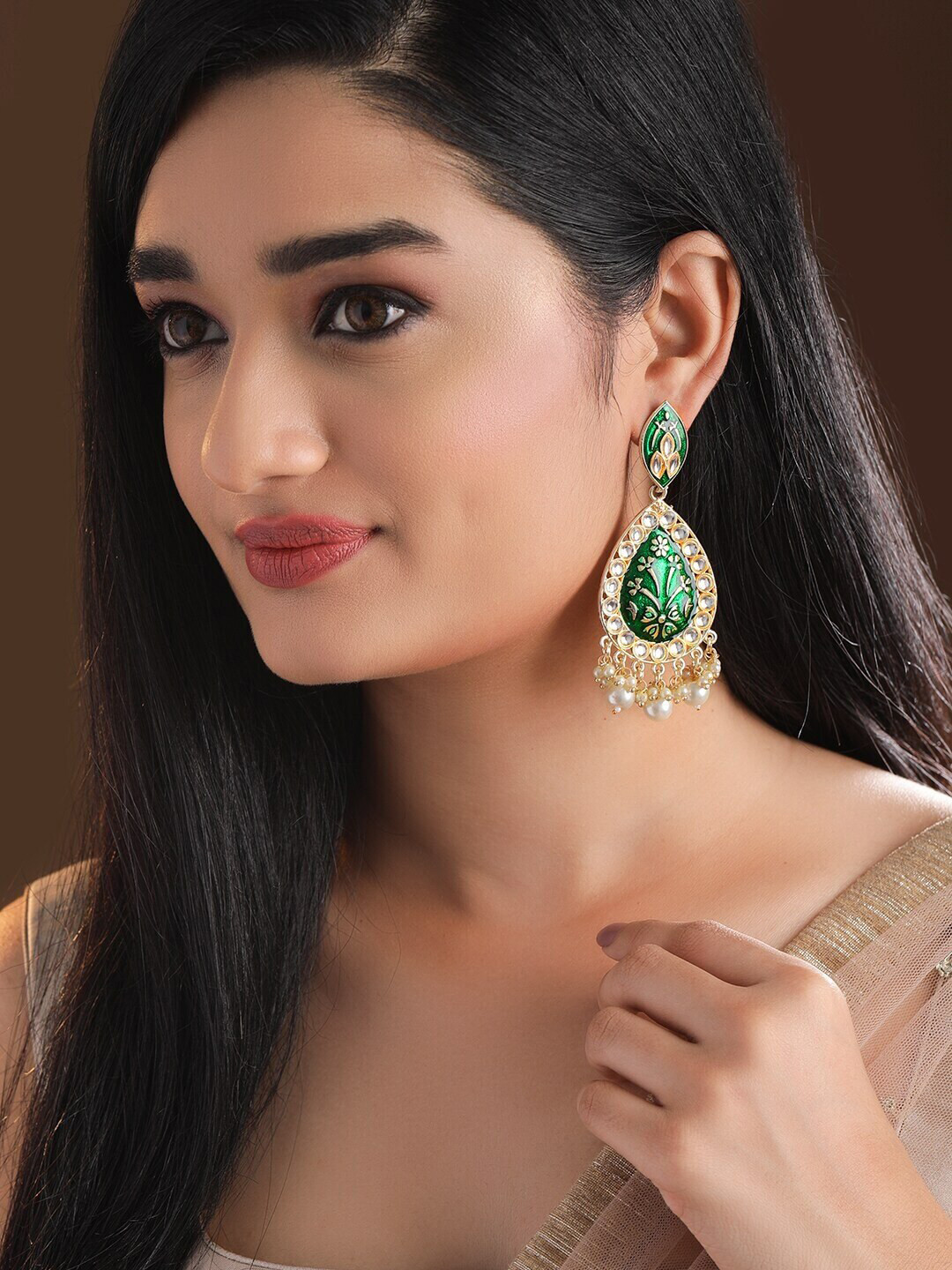 

Rubans Green Gold-Plated Handcrafted & Enamelled Kundan Studded & Beaded Drop Earrings