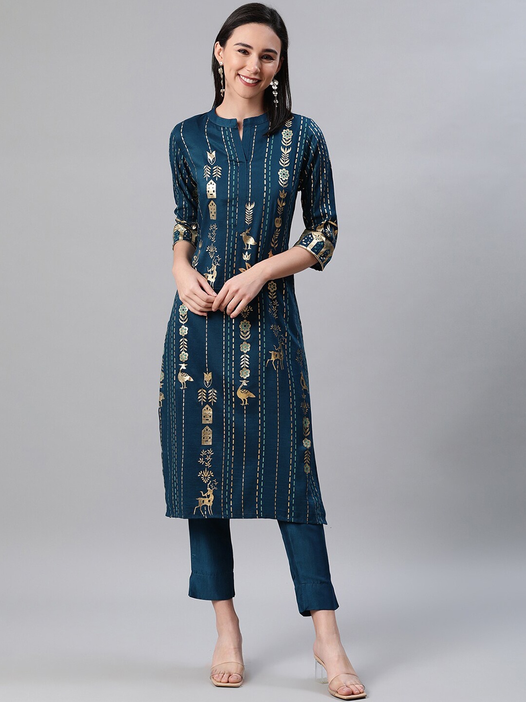 

ZIYAA Women Teal Blue & Golden Floral Foil Printed Kurta