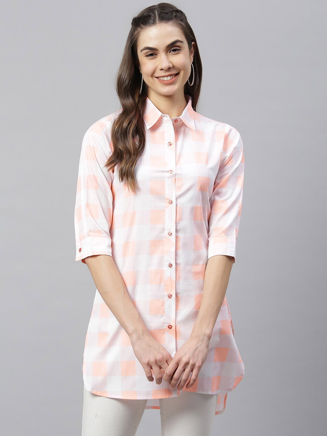 

HK colours of fashion Women Peach-Coloured & White Regular Fit Checked Casual Shirt