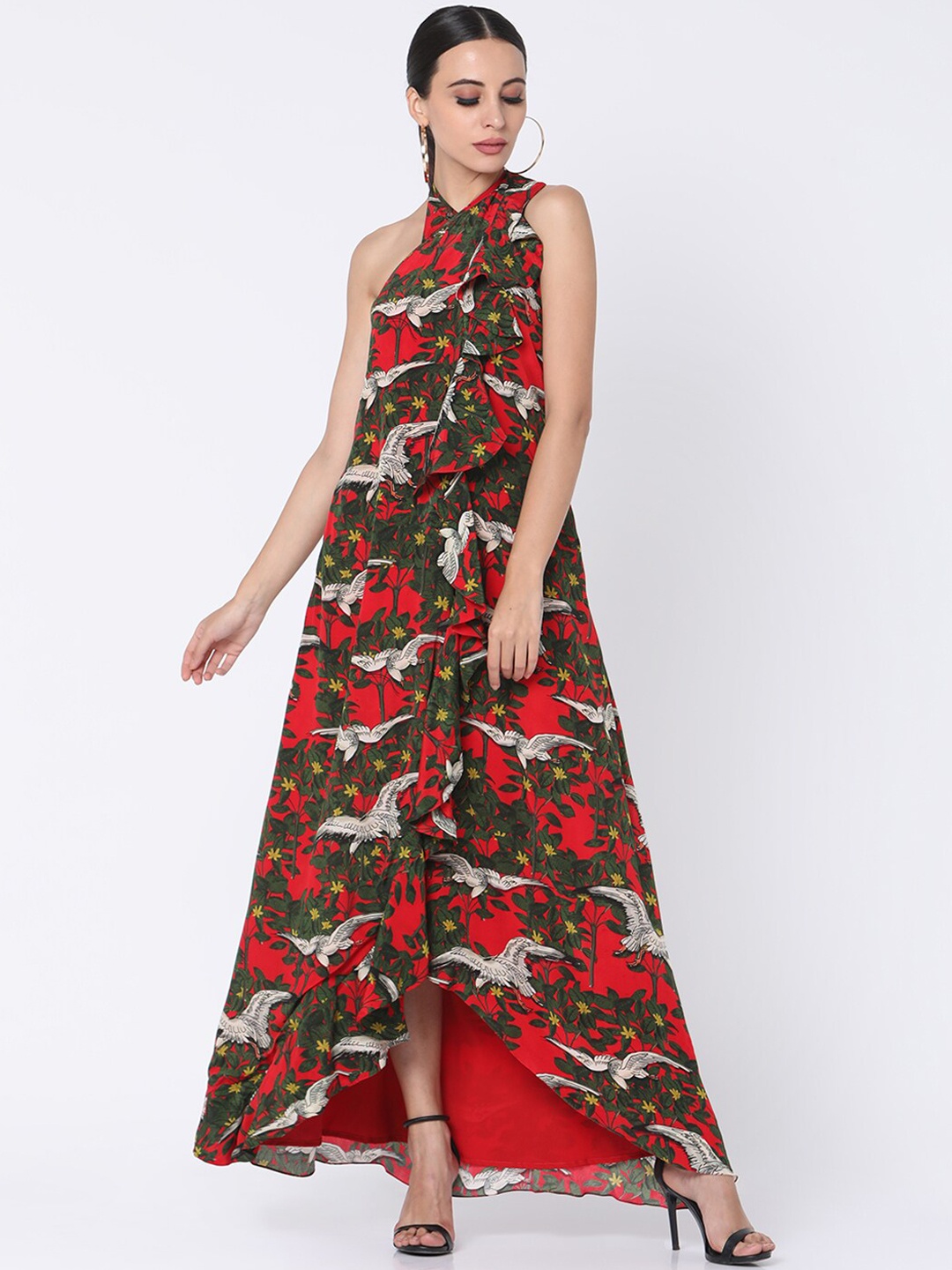 

Masaba Women Coral Orange & Green Tropical Print Ruffle Maxi Dress