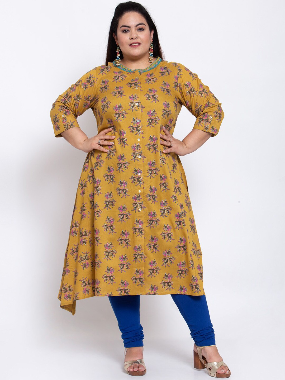 

plusS Women Mustard Yellow & Blue Floral Printed Anarkali Kurta