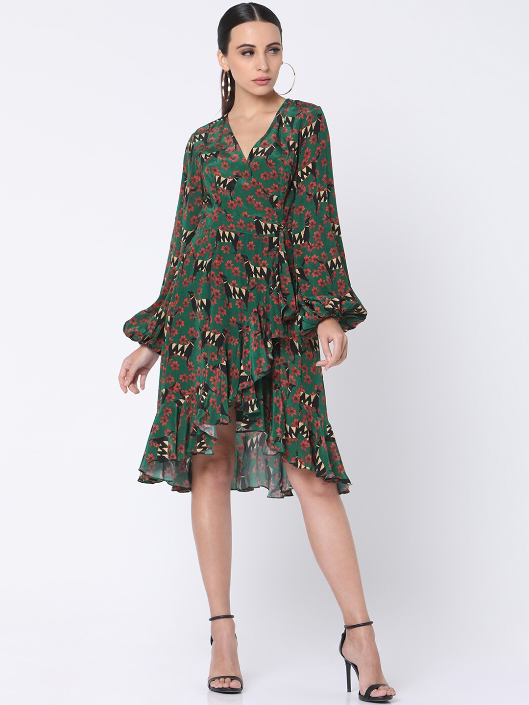 

Masaba Women Green & Orange Floral Print Checkered Dog Ruffle Wrap Dress