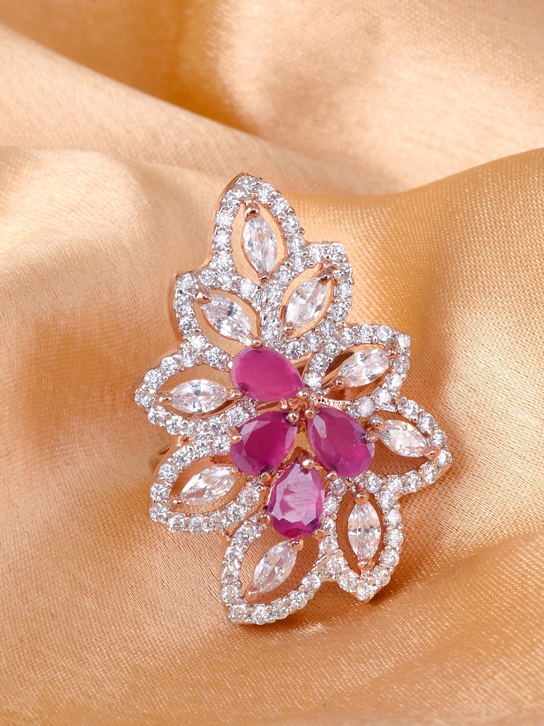 

Saraf RS Jewellery Rose Gold-Plated AD-Studded Handcrafted Adjustable Finger Ring